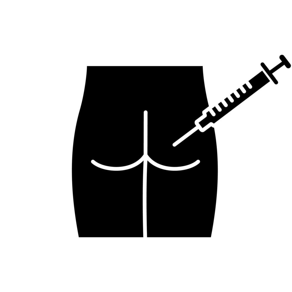 Intramuscular injection glyph icon. Silhouette symbol. Gluteal, buttock injecting. Medical glute shot. Disease treatment, prevention. Negative space. Vector isolated illustration