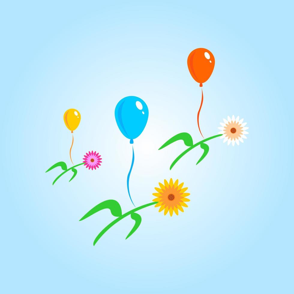 illustration of sunflowers flying with balloons. yellow, green, blue, people, white and pink. suitable for decoration and children vector