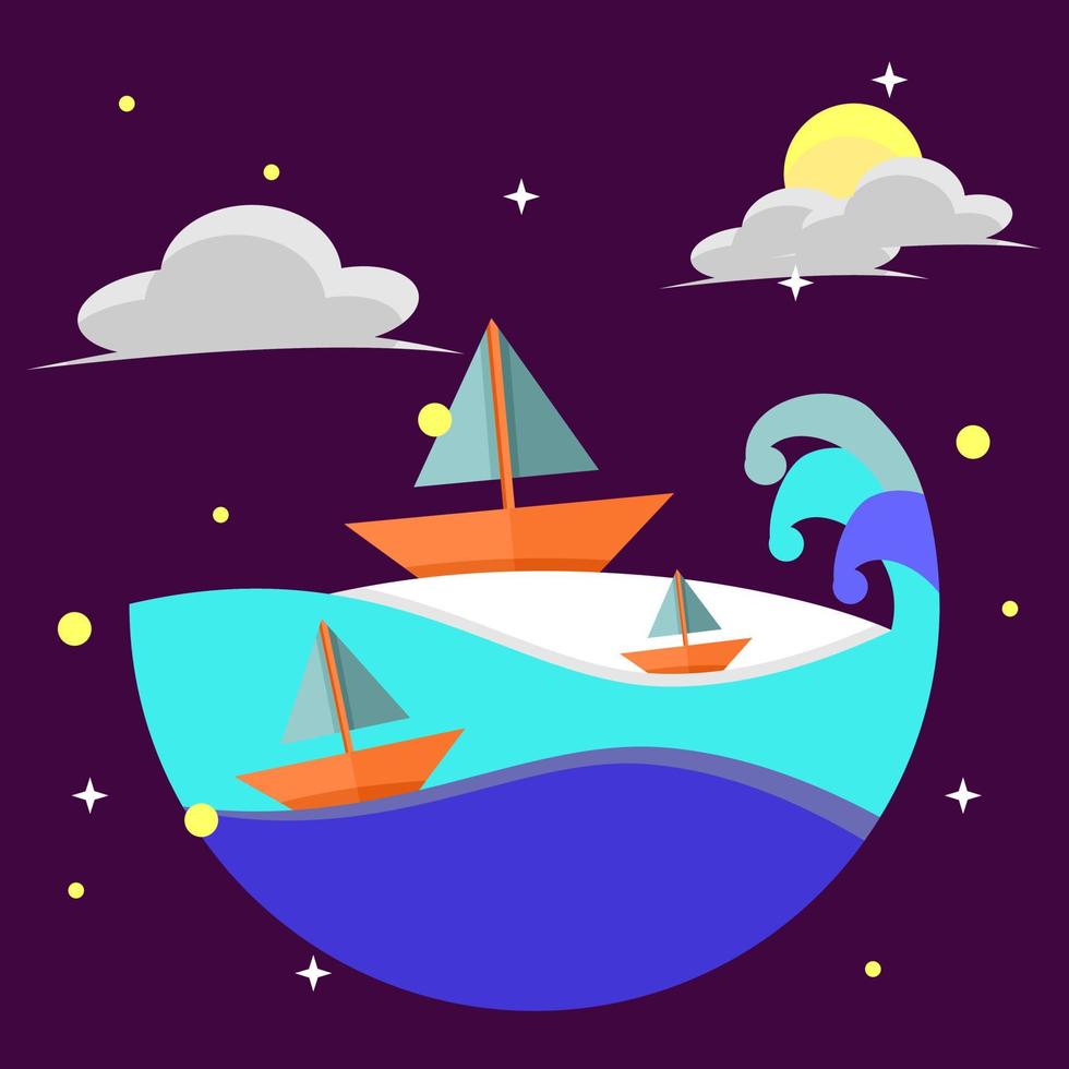 Ilustración de barco en el mar, noche, estrellas, luna y nubes. morado, azul, naranja, gris y amarillo vector