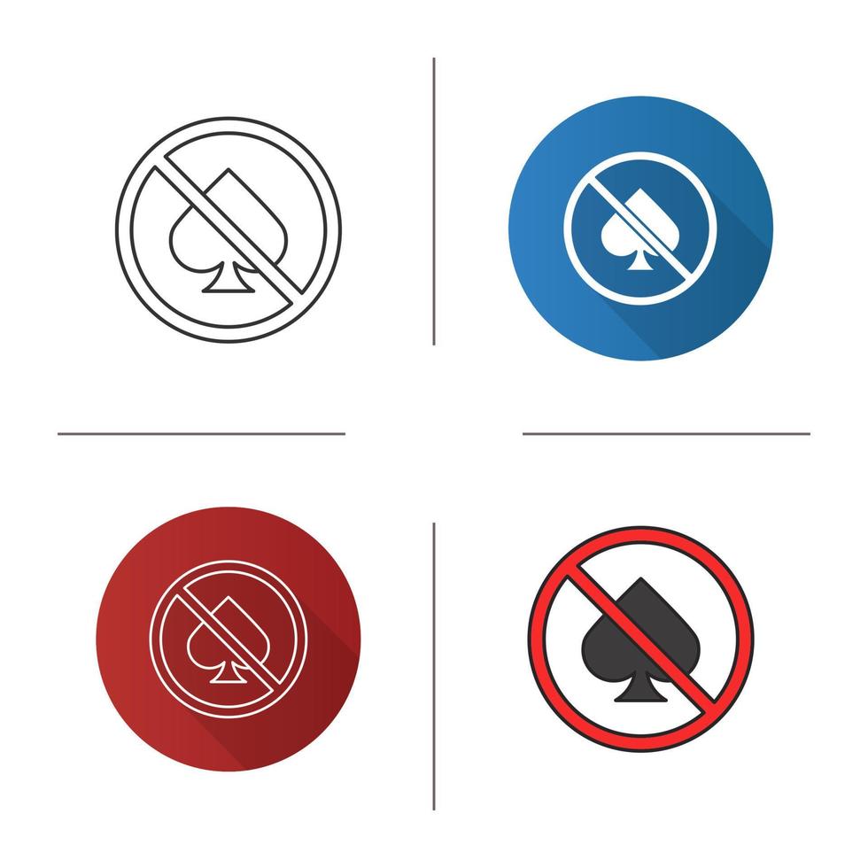 Forbidden sign with spade card suit icon. Flat design, linear and color styles. No gambling prohibition. Isolated vector illustrations