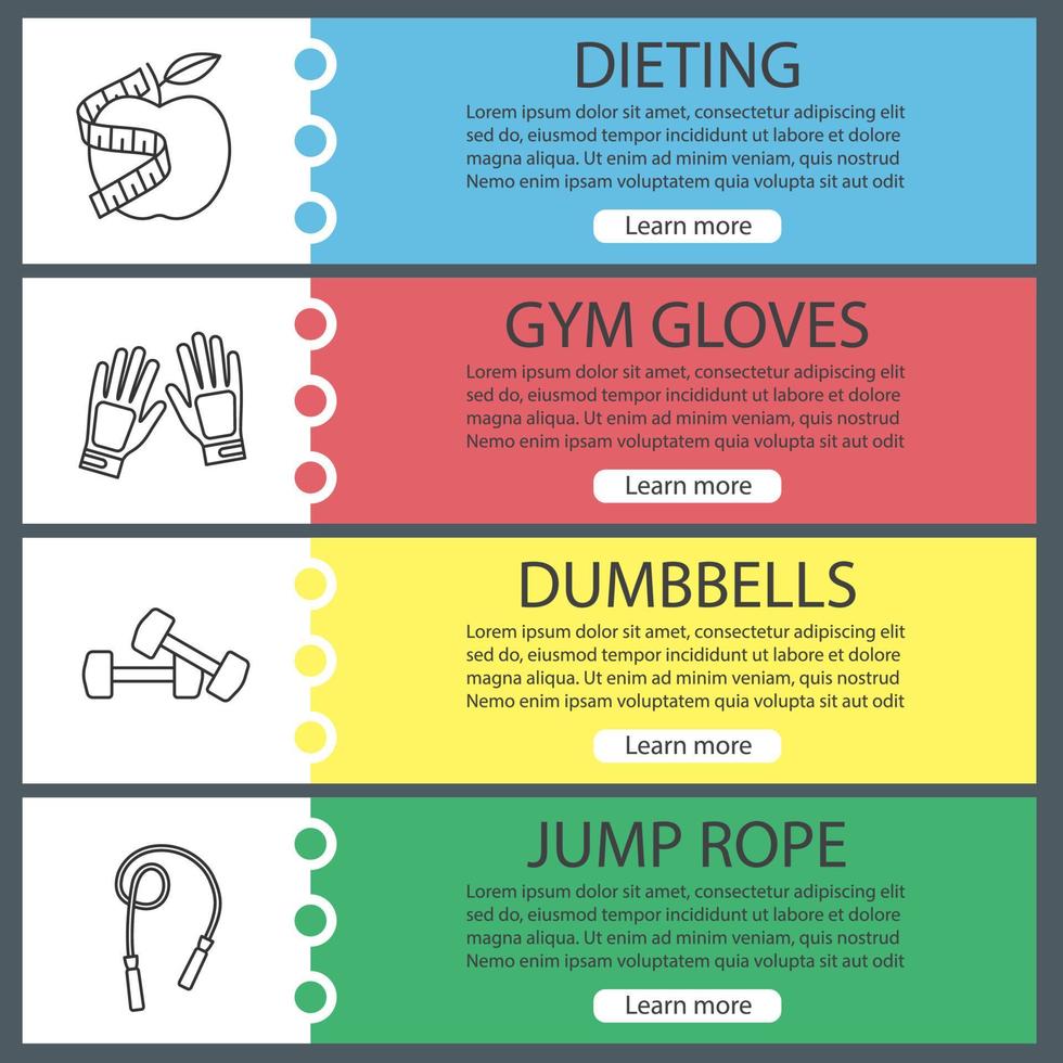 Fitness web banner templates set. Sport equipment. Dieting, gym gloves, dumbbells, jump rope. Website color menu items with linear icons. Vector headers design concepts