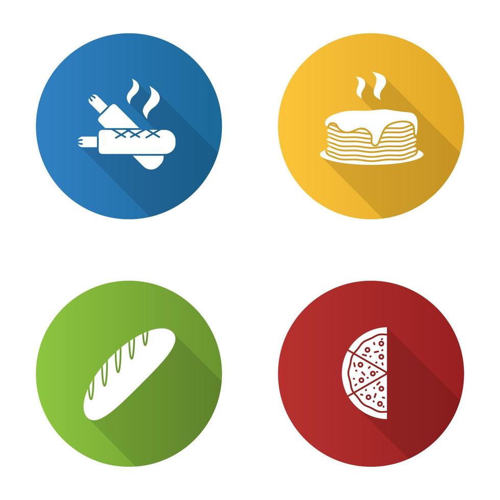 Bakery flat design long shadow glyph icons set. French hot dogs, pancakes stack, bread loaf, half of pizza. Vector silhouette illustration