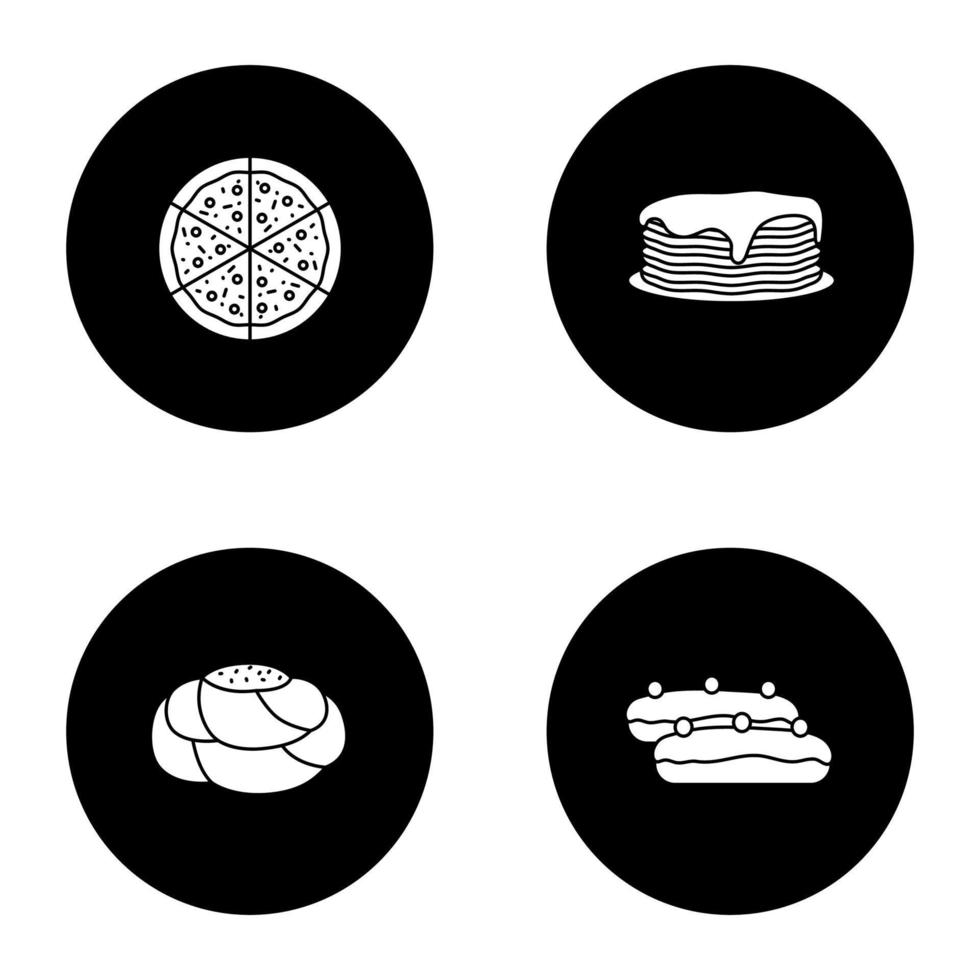 conjunto de iconos de glifo de panadería. pizza, pila de panqueques, pan de hojaldre, eclair. ilustraciones de siluetas blancas vectoriales en círculos negros vector