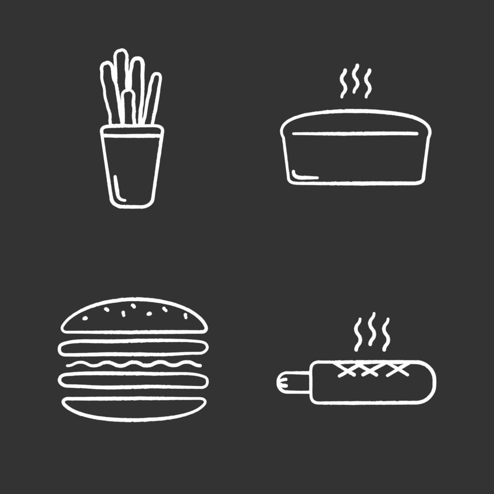 conjunto de iconos de tiza de panadería. grissini, pan de ladrillo, hamburguesa, hot dog francés. Ilustraciones de vector pizarra