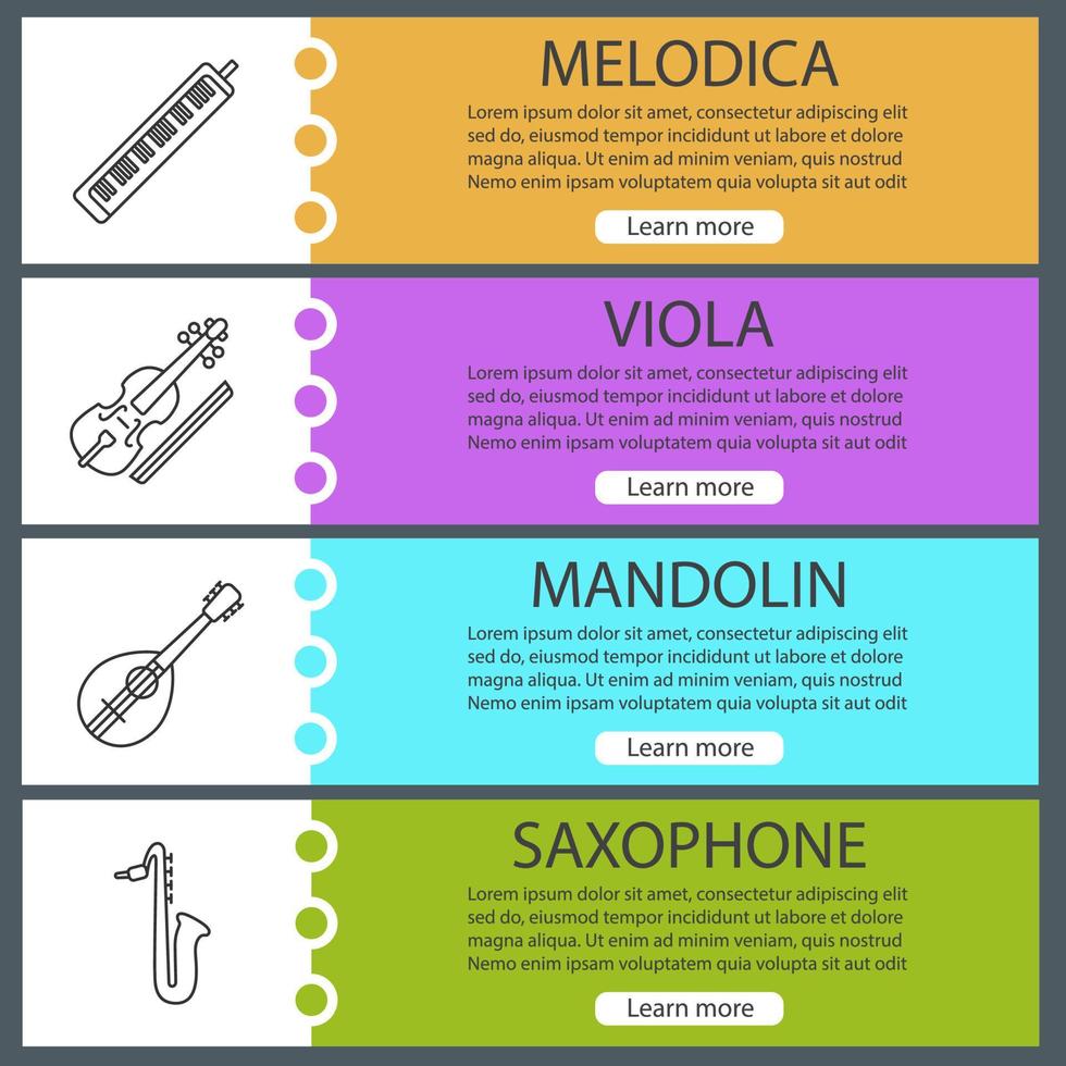 Musical instruments web banner templates set. Melodica, viola, mandolin, saxophone. Website color menu items with linear icons. Vector headers design concepts