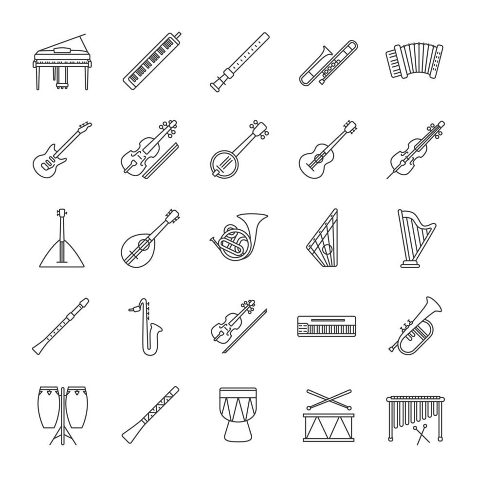 conjunto de iconos lineales de instrumentos musicales. equipo de orquesta. Instrumentos de cuerda, viento, percusión. símbolos de contorno de línea delgada. Ilustraciones de vectores aislados