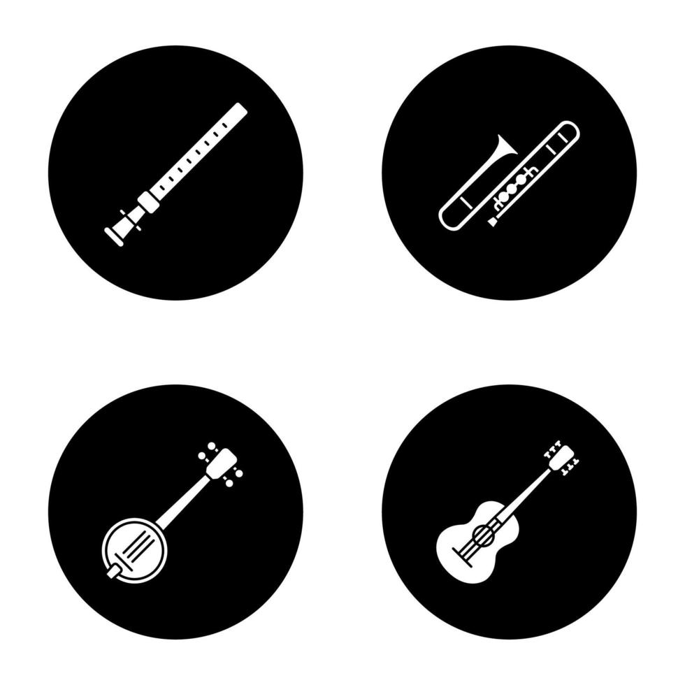 conjunto de iconos de glifo de instrumentos musicales. duduk, guitarra, banjo, trombón. ilustraciones de siluetas blancas vectoriales en círculos negros vector