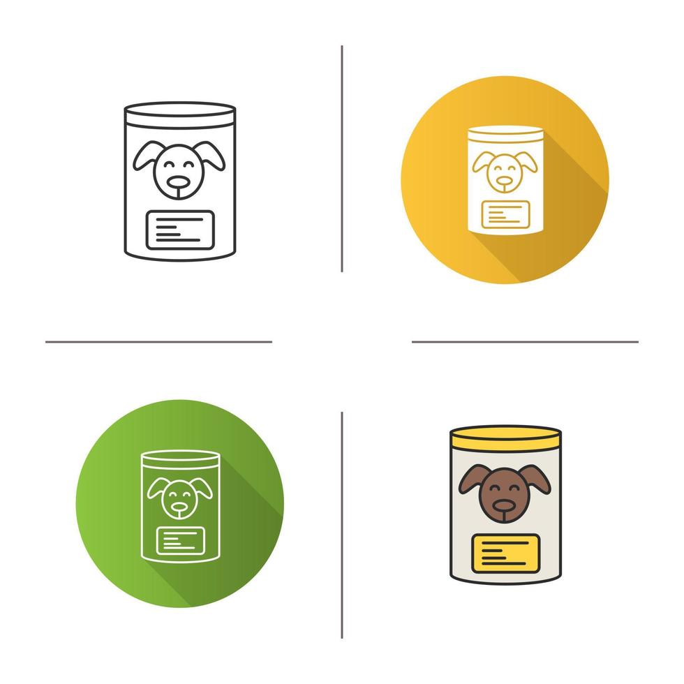 Canned dog food icon. Flat design, linear and color styles. Pets nutrition. Isolated vector illustrations