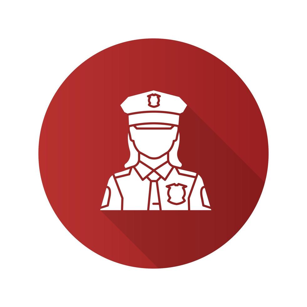 icono de glifo de sombra larga de diseño plano de mujer policía. Oficial de policía. policía. ilustración de silueta vectorial vector