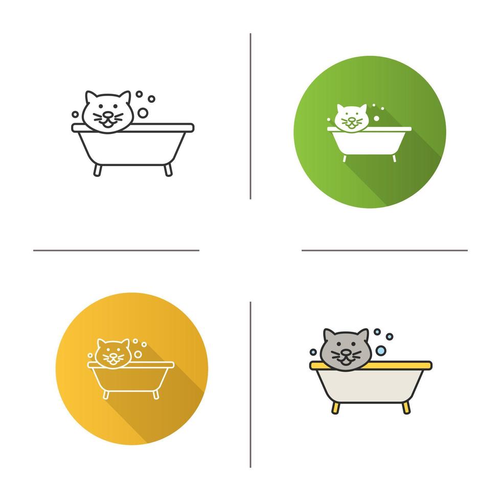 Bathing cat icon. Flat design, linear and color styles. Grooming service. Pets hygiene. Isolated vector illustrations