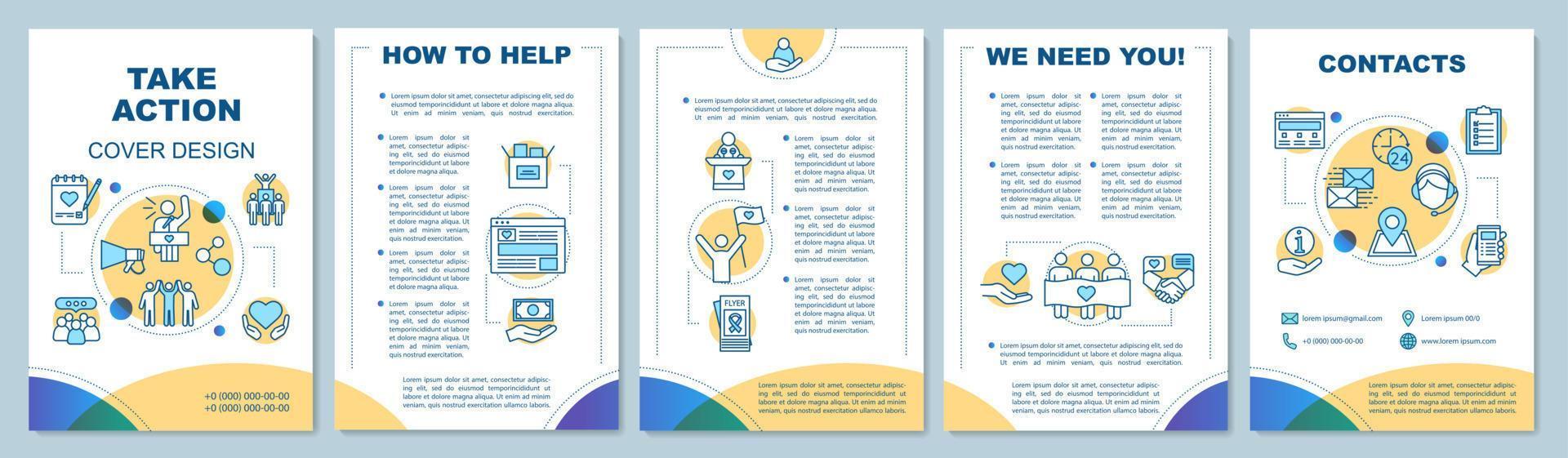 Volunteering activity brochure template layout. Take action. Flyer, booklet, leaflet print design with linear illustrations. Vector page layouts for magazines, annual reports, advertising posters