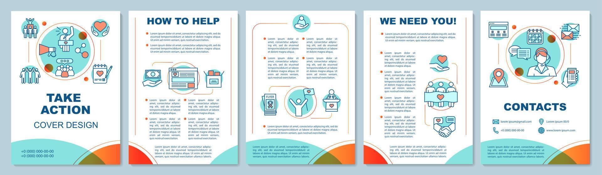 Volunteering activity brochure template layout. Take action. Flyer, booklet, leaflet print design with linear illustrations. Vector page layouts for magazines, annual reports, advertising posters