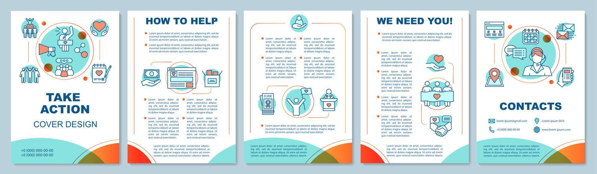 diseño de plantilla de folleto de actividad de voluntariado. tomar acción. folleto, folleto, diseño de impresión de folleto con ilustraciones lineales. diseños de páginas vectoriales para revistas, informes anuales, carteles publicitarios vector