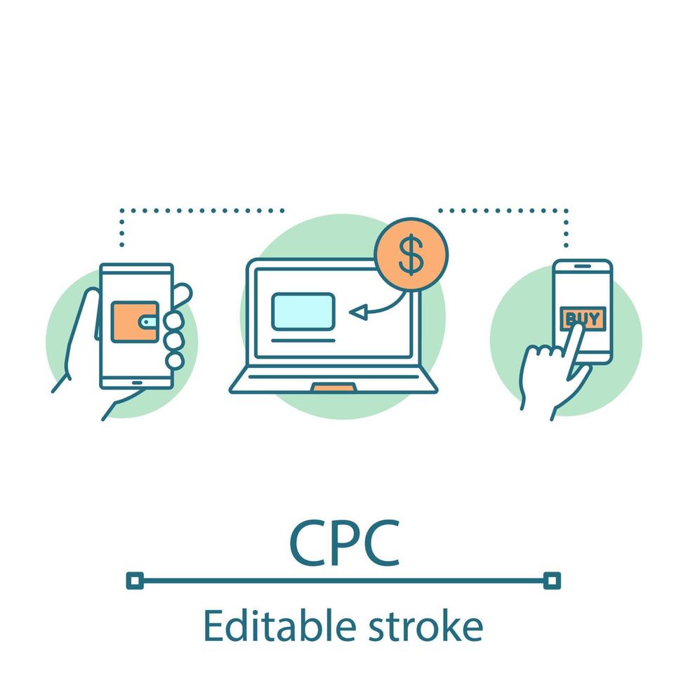 CPC concept icon. Cost per conversion. Digital wallet idea thin line illustration. Online payment. Money transfer. Vector isolated outline drawing. Editable stroke