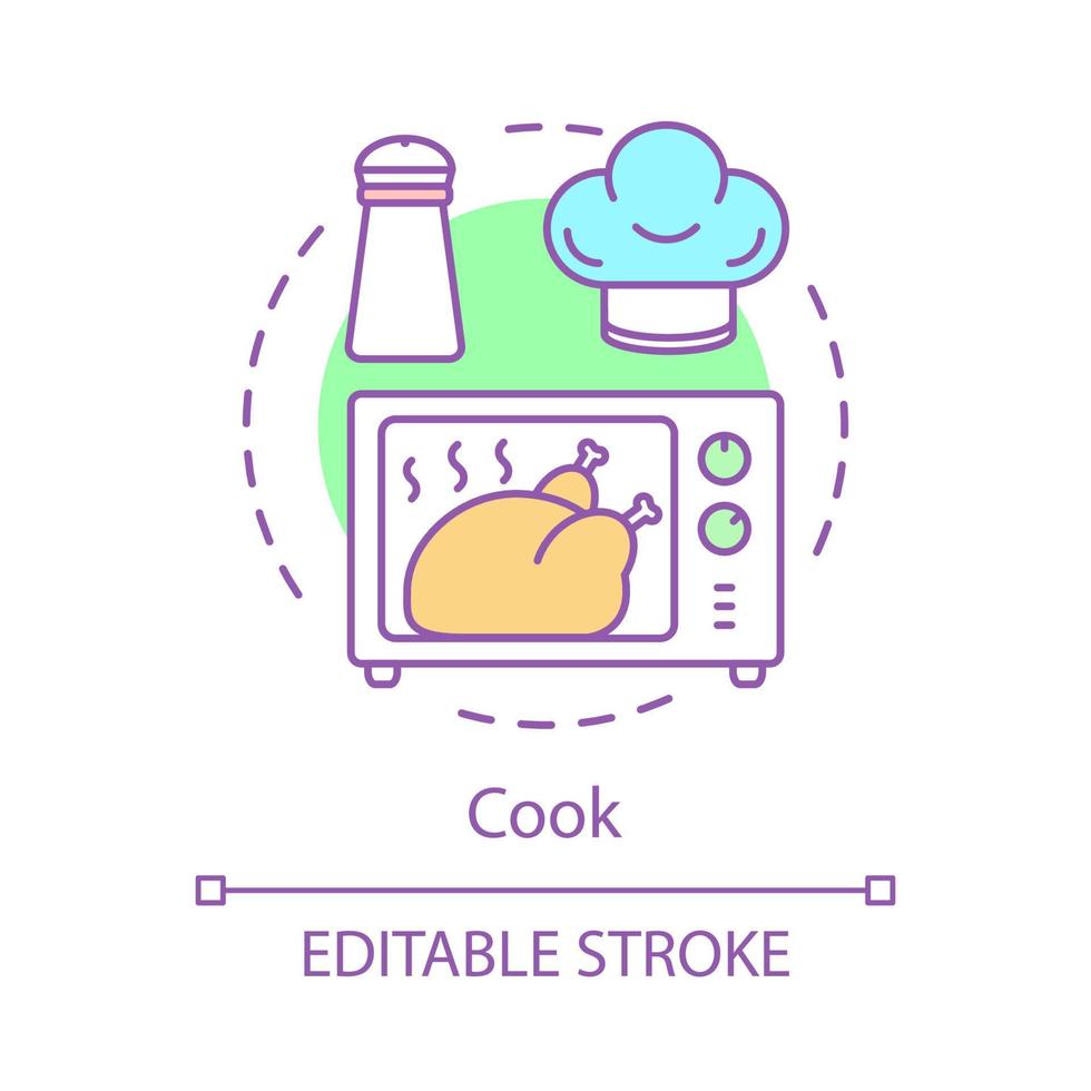 Cooking concept icon. Baking chicken in microwave oven idea thin line illustration. Food preparation. Thanksgiving turkey recipe. Holiday supper prepare. Vector isolated drawing. Editable stroke