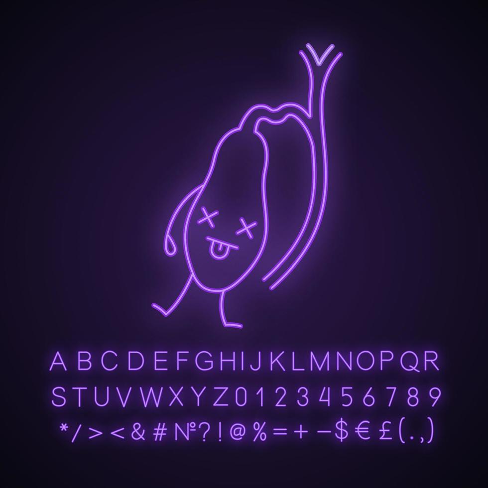 Sad gallbladder character neon light icon. Unhealthy digestive system emoji. Gallbladder diseases. Glowing sign with alphabet, numbers and symbols. Vector isolated illustration