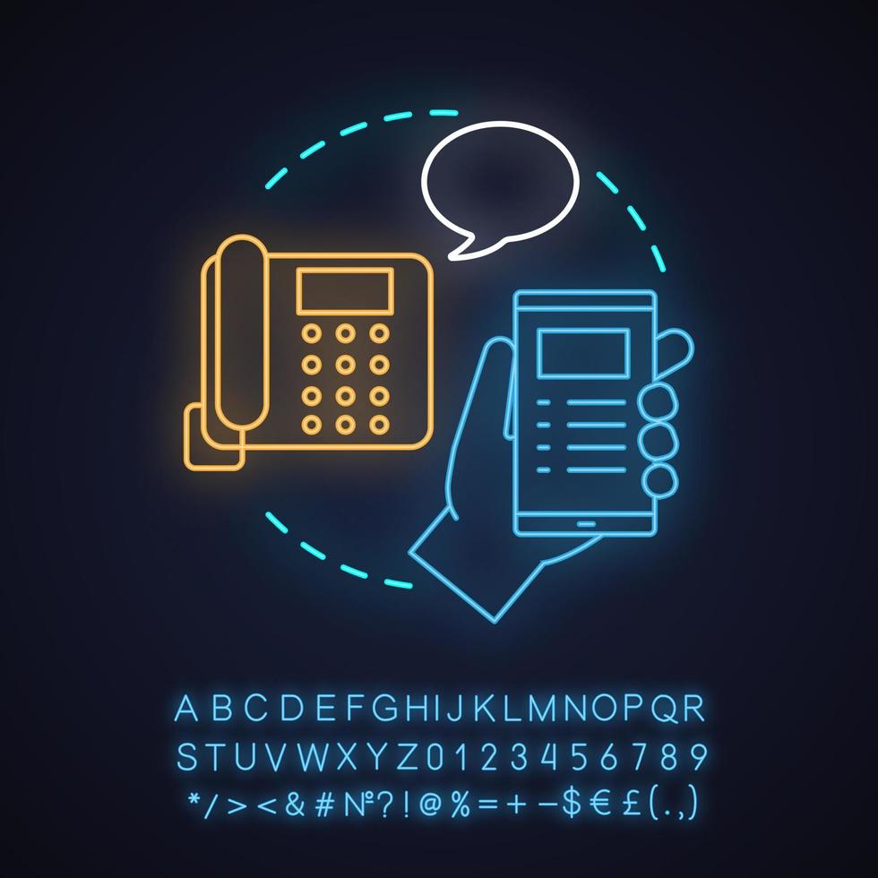 Contact us neon light concept icon. Information center idea. Helpdesk. Support service, contact by smartphone and handset. Glowing sign with alphabet, numbers and symbols. Vector isolated illustration