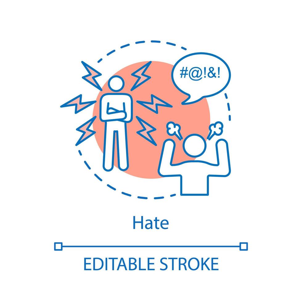 Hate concept icon. Aggression idea thin line illustration. Relationship conflict. Dislike. Annoyed behavior. Hatred person. Angry scream emotion. Vector isolated outline drawing. Editable stroke