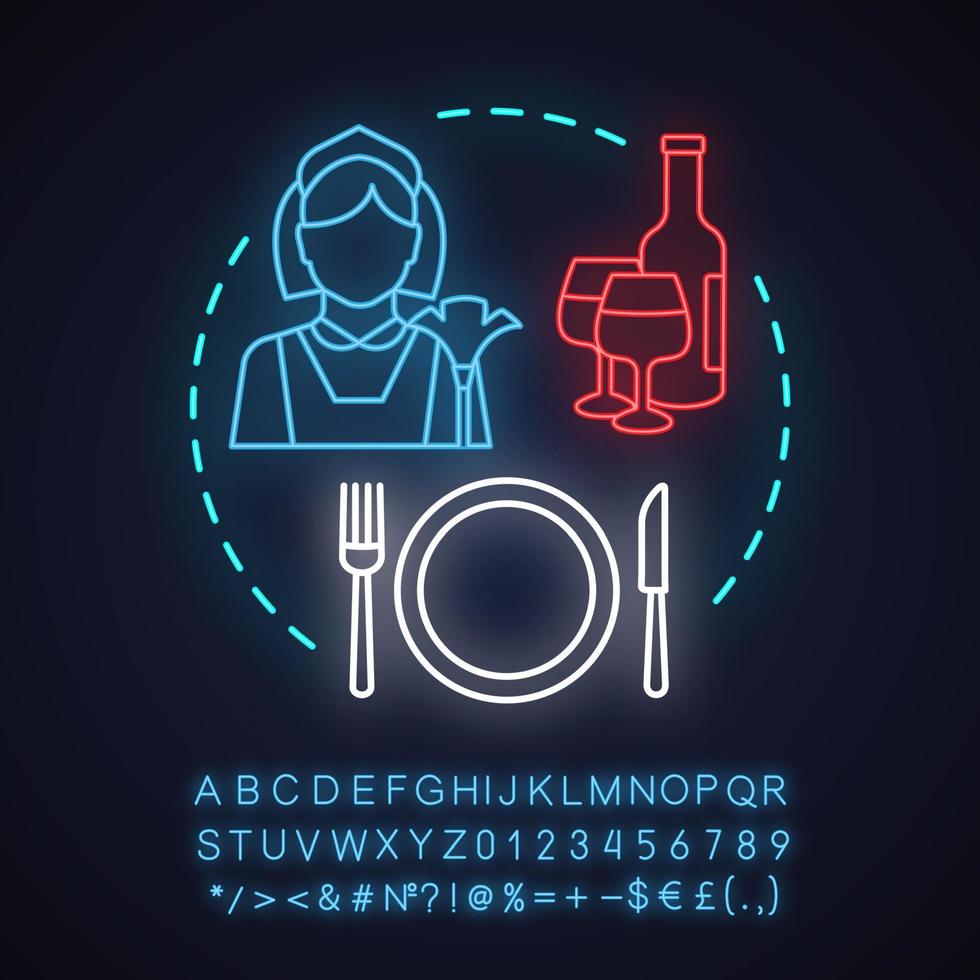 Hotel services neon light concept icon. Hostel idea. Cleaning and food service. Maid, wine, table knife, fork and plate. Glowing sign with alphabet, numbers and symbols. Vector isolated illustration