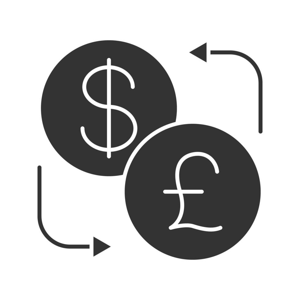 Dollar and British pound currency exchange glyph icon. Silhouette symbol. Negative space. Refund. Vector isolated illustration