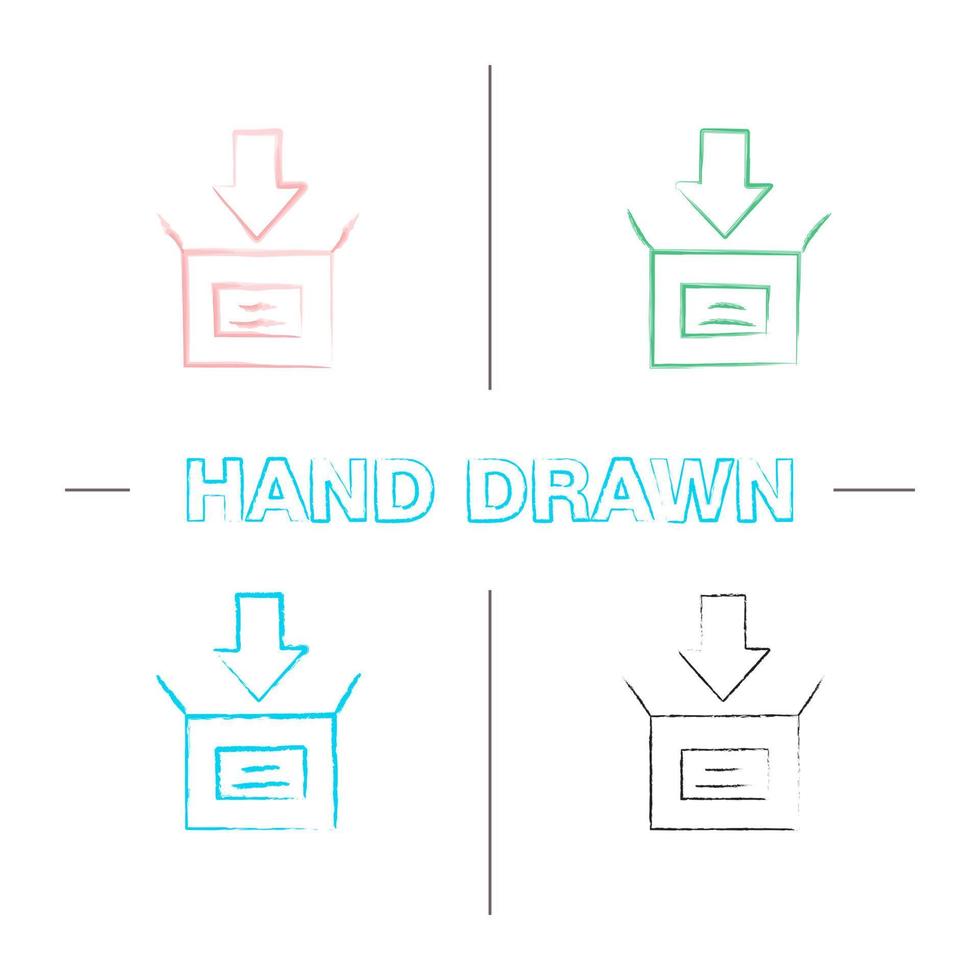 Parcel packing hand drawn icons set. Open box with down arrow. Downloading color brush stroke. Isolated vector sketchy illustrations