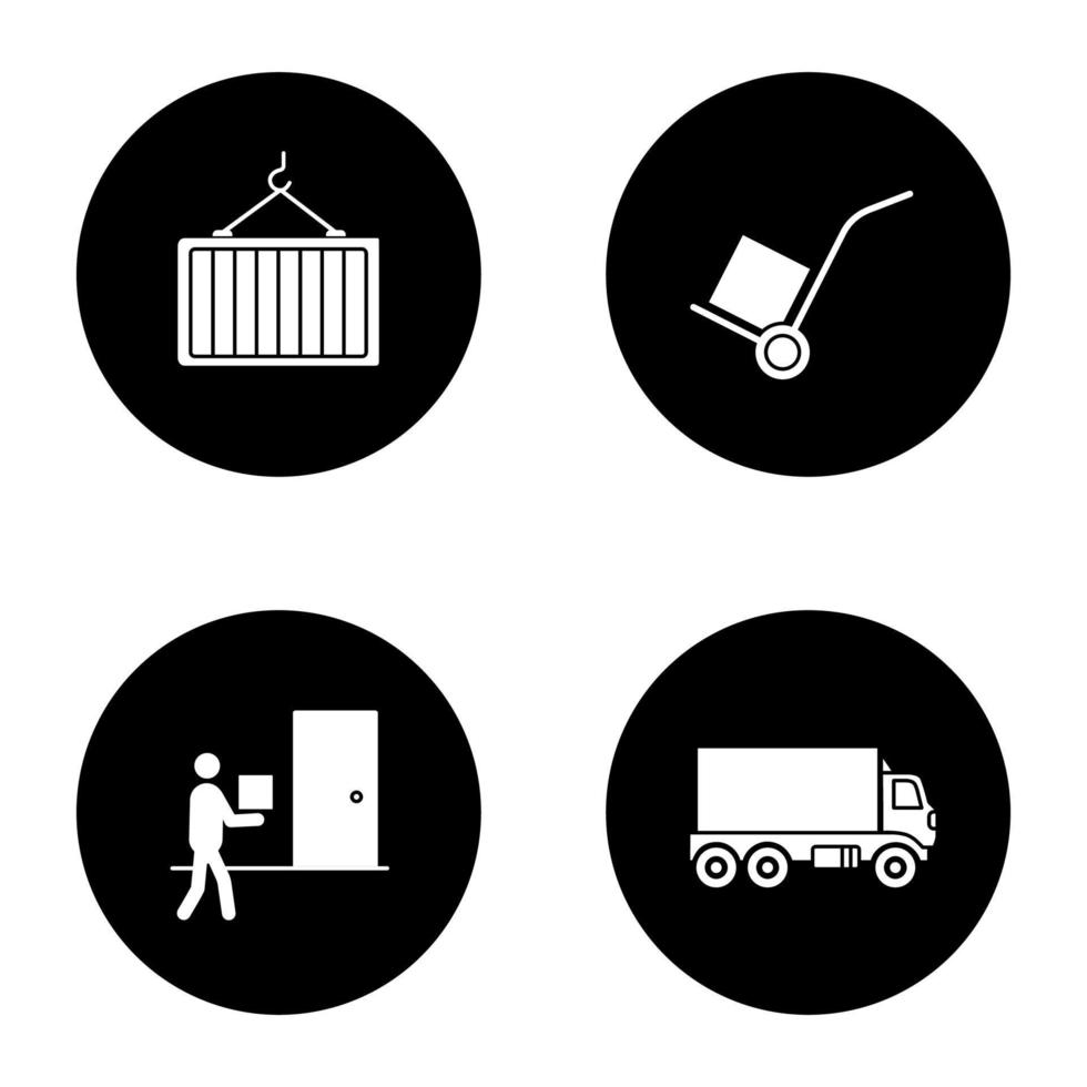 Cargo shipping glyph icons set. Delivery service. Intermodal container, courier, delivery truck, dolly cart. Vector white silhouettes illustrations in black circles