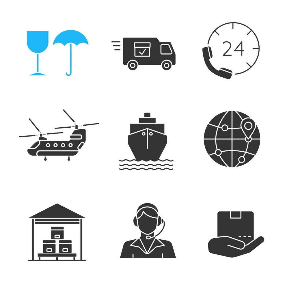 Cargo shipping glyph icons set. Silhouette symbols. Fragile, delivery van, hotline, helicopter, cargo vessel, route map, warehouse, call center operator, parcel in hand. Vector isolated illustration