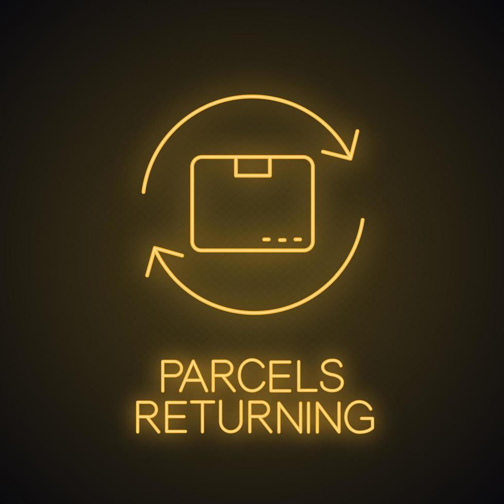 Parcel return service neon light icon. Repackaging glowing sign. Cardboard box with circle arrow. Vector isolated illustration