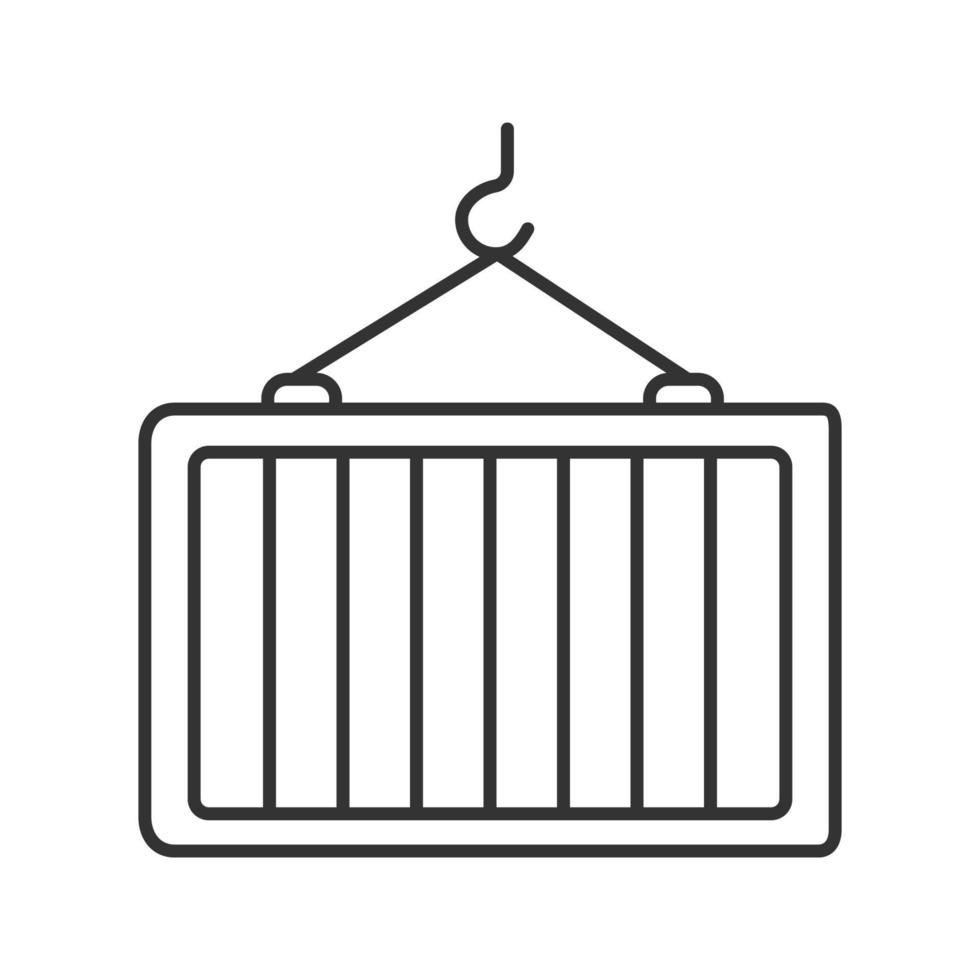 Intermodal container linear icon. Shipping container on crane hook. Freight loading. Thin line illustration. Contour symbol. Vector isolated outline drawing