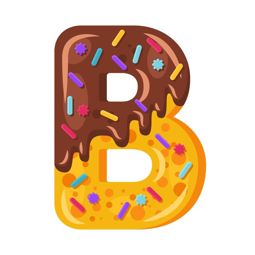 Donut cartoon B letter vector illustration. Biscuit bold font style. Glazed capital letter with icing. Tempting flat design typography. Cookie, chocolate alphabet. Pastry, bakery isolated clipart