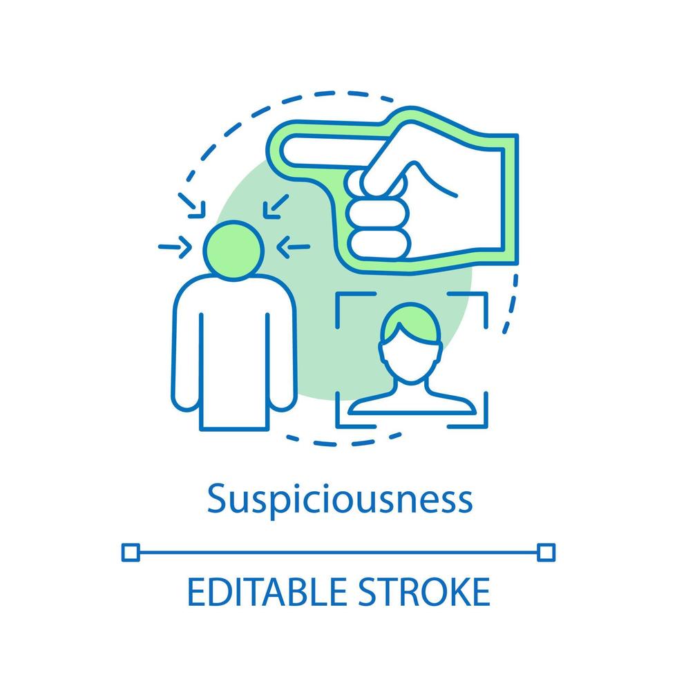 Suspiciousness concept icon. Mistrust idea thin line illustration. Law problem. Suspicion feeling. Detective and criminal. Secret agent interrogation. Vector isolated outline drawing. Editable stroke.