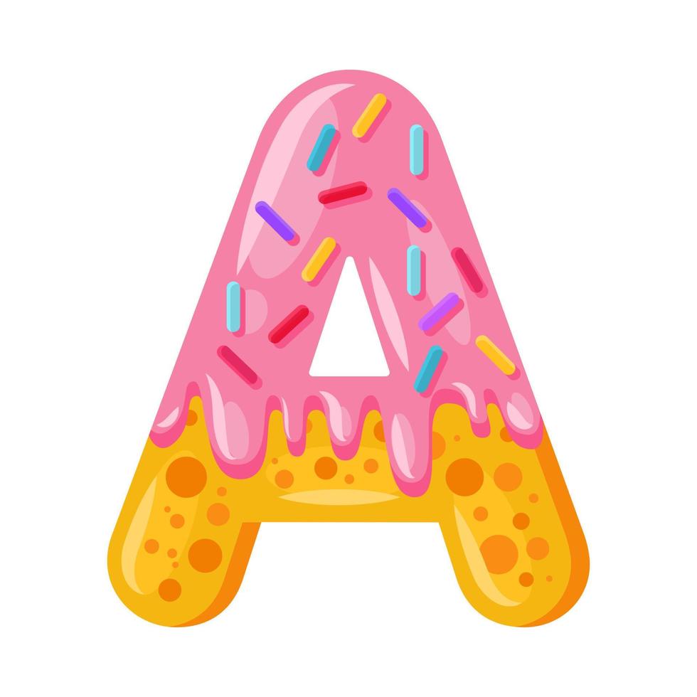 Donut cartoon A letter vector illustration. Biscuit bold font style. Glazed capital letter with icing. Tempting flat design typography. Cookies alphabet. Pastry, bakery isolated clipart