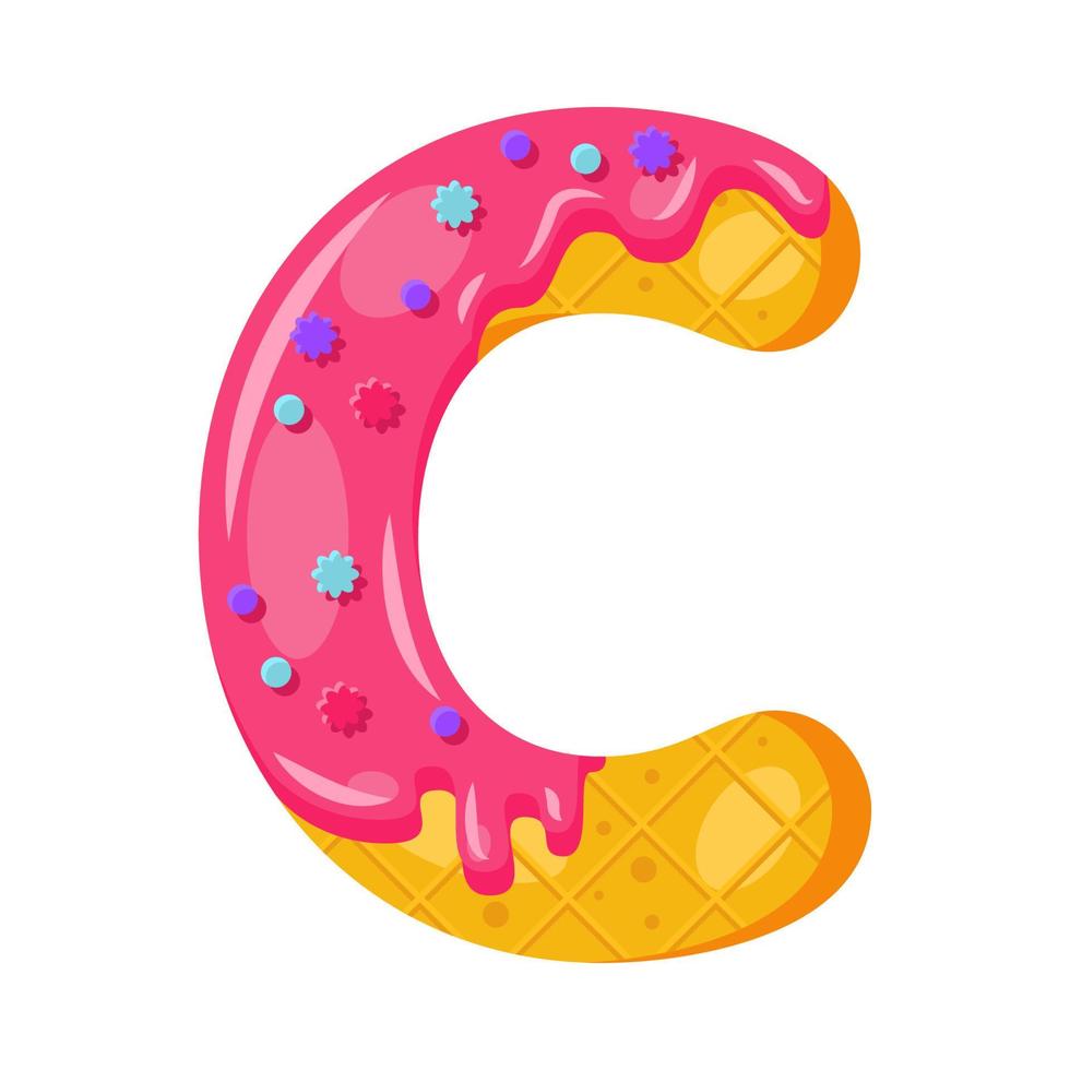 Donut cartoon C letter vector illustration. Biscuit bold font style. Glazed capital letter with icing. Tempting flat design typography. Cookie alphabet. Pastry, bakery isolated clipart