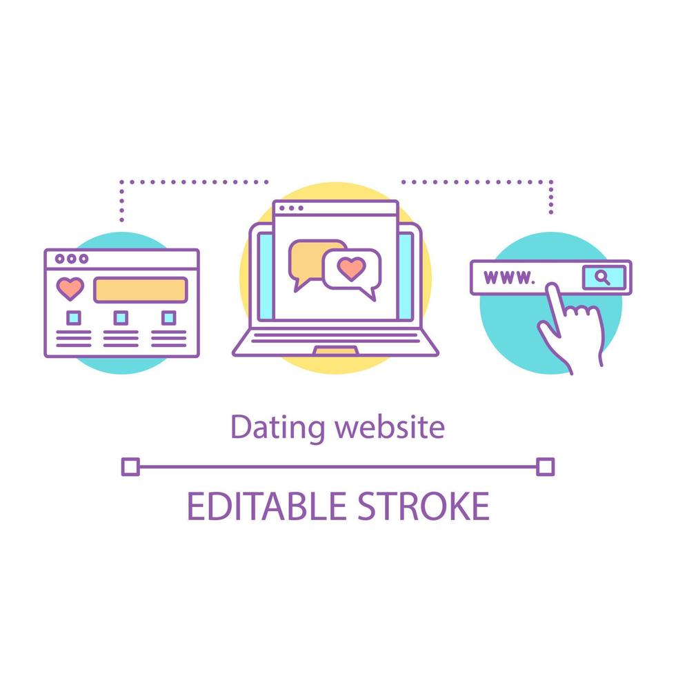 Online dating website concept icon. Find love idea thin line illustration. Romantic chatting, messaging. Internet date. Laptop with speech bubbles. Vector isolated outline drawing. Editable stroke