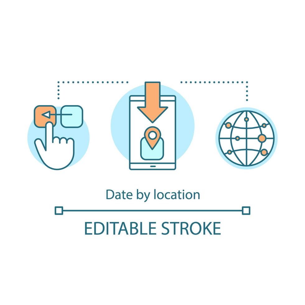 Date by location concept icon. Online dating app, website search feature idea thin line illustration. Navigation map with pinpoint. Global love search. Vector isolated outline drawing. Editable stroke