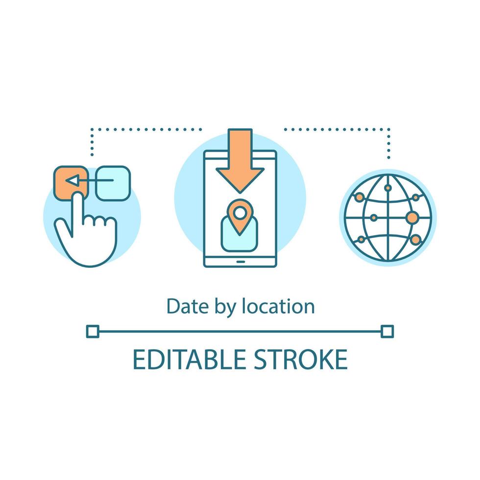 icono de concepto de fecha por ubicación. aplicación de citas en línea, ilustración de línea delgada de idea de función de búsqueda de sitio web. mapa de navegación con pinpoint. búsqueda mundial de amor. dibujo de contorno aislado vectorial. trazo editable vector