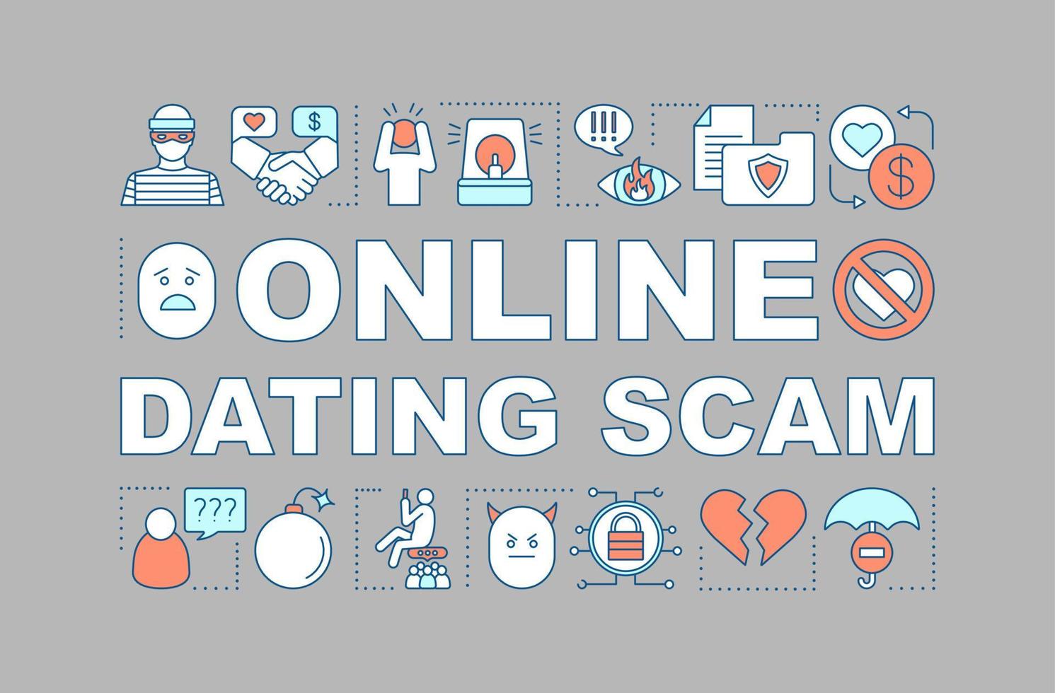 Online dating scam word concepts banner. Love cheating, fraud. Romance scammer. Broken heart. Presentation, website. Isolated lettering typography idea with linear icons. Vector outline illustration