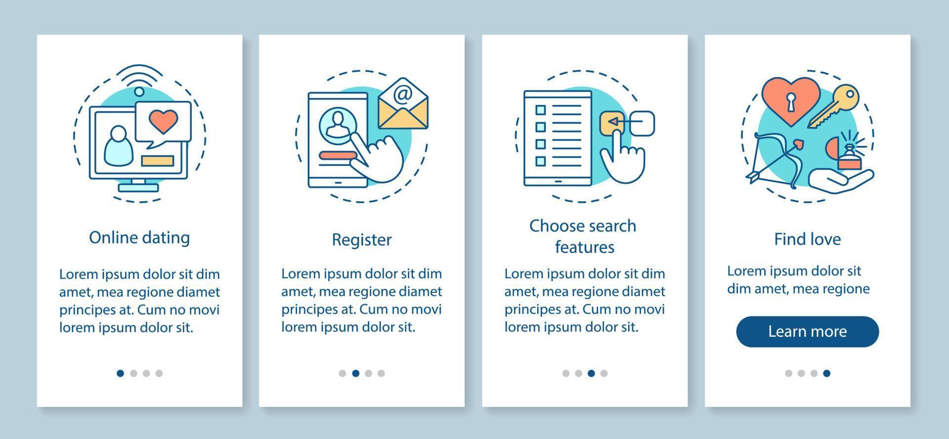 plantilla de vector de pantalla de página de aplicación móvil de incorporación de citas en línea. regístrese, elija funciones de búsqueda, encuentre pasos de amor con ilustraciones lineales. casamentero. ux, ui, concepto de interfaz de teléfono inteligente..