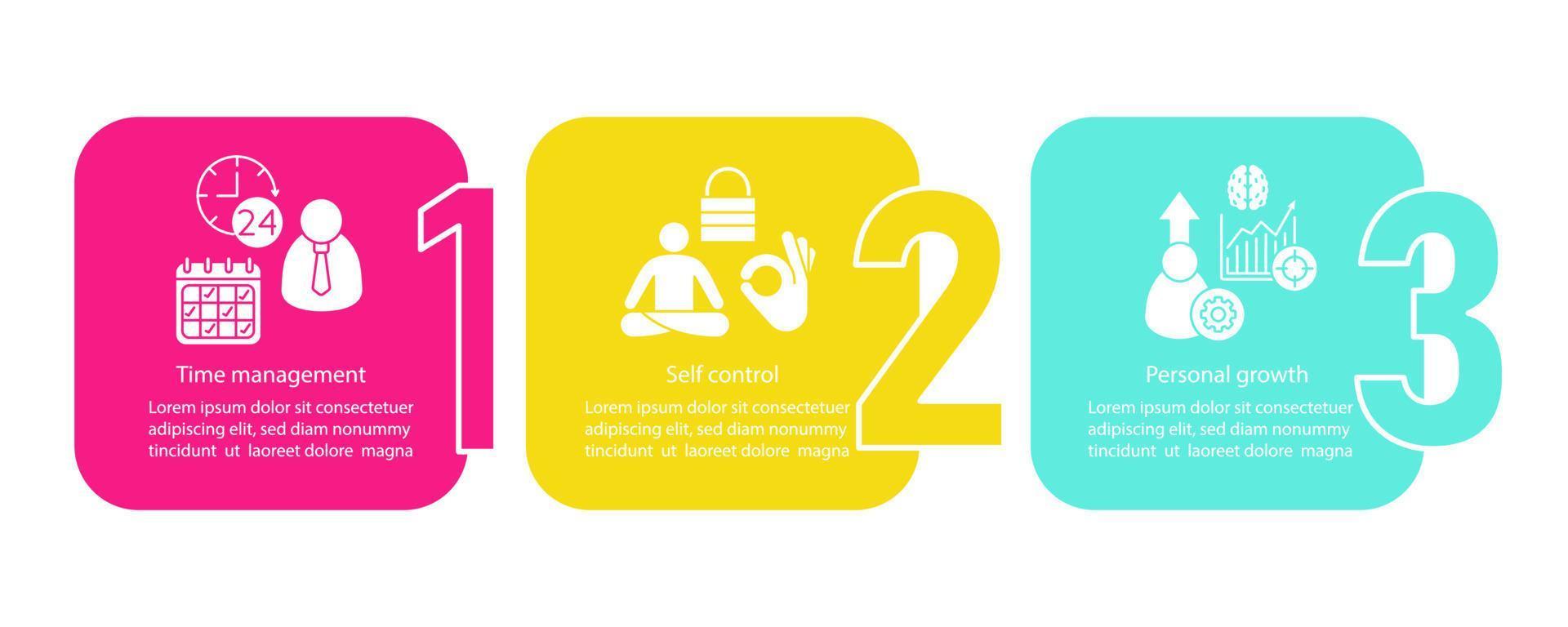 Personal qualities vector infographic template. Time management, self control, personal growth, development. Business presentation. Data visualization steps, options. Process timeline. Workflow layout