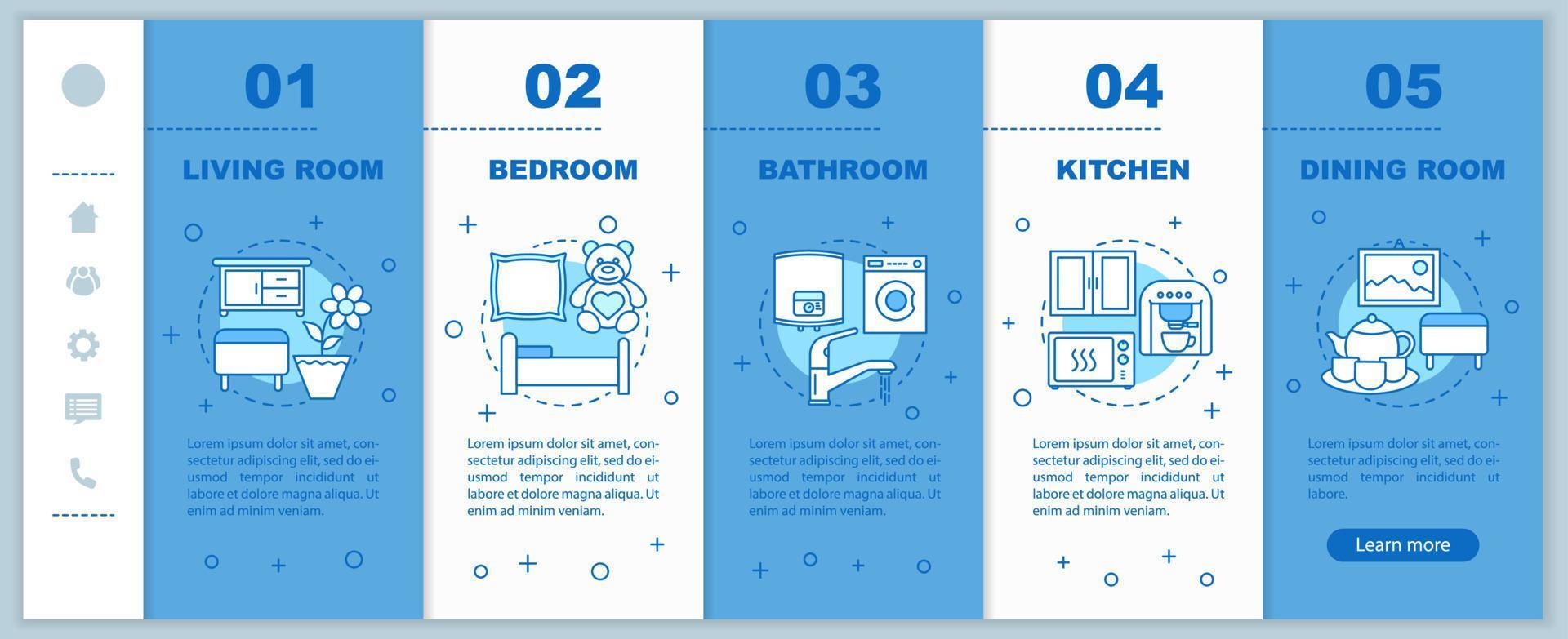 plantilla de vector de páginas web móviles de incorporación de vida doméstica. idea de interfaz de sitio web de teléfono inteligente sensible con ilustraciones lineales. Pantallas de paso del tutorial de la página web de las habitaciones planas o de la casa. concepto de color