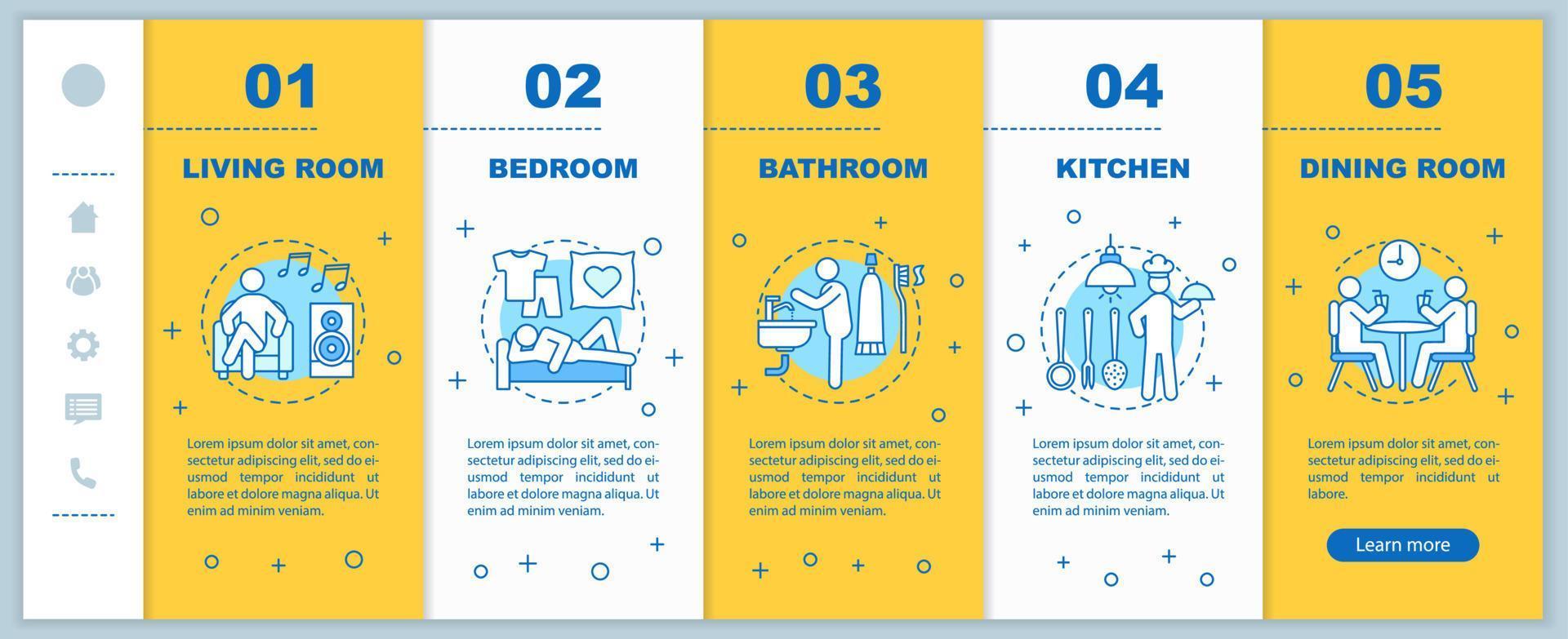 plantilla de vector de páginas web móviles de incorporación de vida doméstica. idea de interfaz de teléfono inteligente sensible con ilustraciones lineales. pantallas de paso de tutorial de la página web de residencia o habitaciones planas. concepto de color