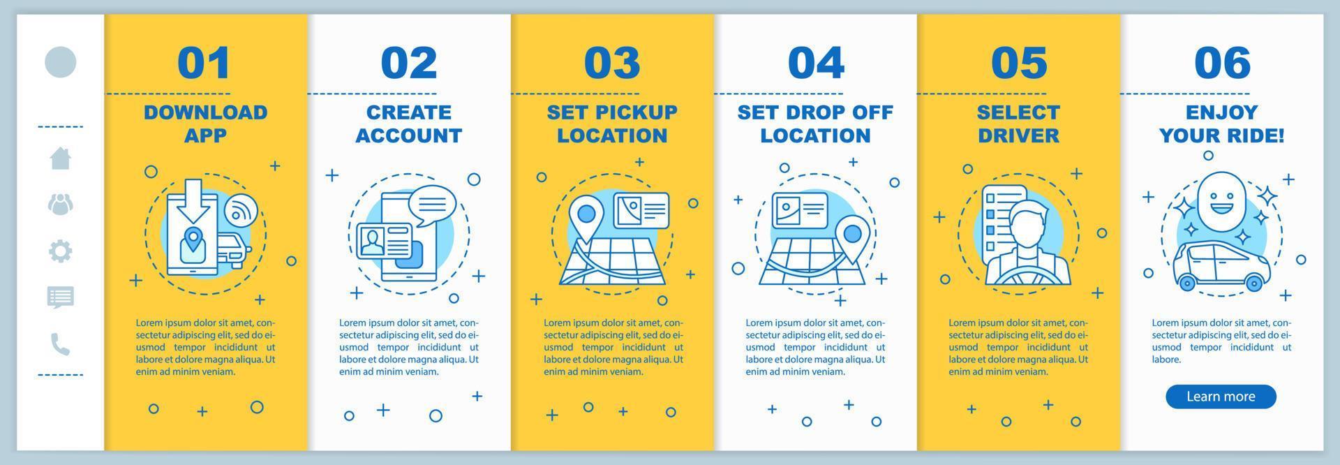 Carpooling onboarding mobile web pages vector template. Responsive smartphone website interface idea with linear illustrations. Ride sharing service webpage walkthrough step screens. Color concept