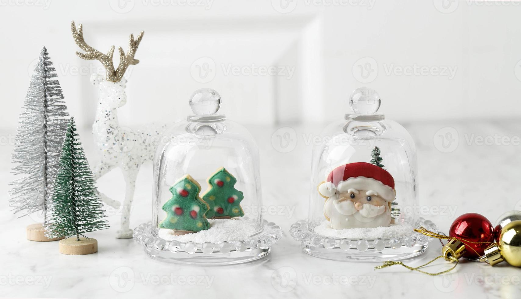 White Christmas Concept, Santa Claus Cookies with Icing Sugar . Copy Space for Text and Advertisement photo