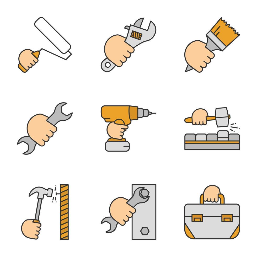 Hands holding instruments color icons set. Paint roller, plumbing wrench, brush, spanner, electric screwdriver, lump hammer, tool bag. Isolated vector illustrations