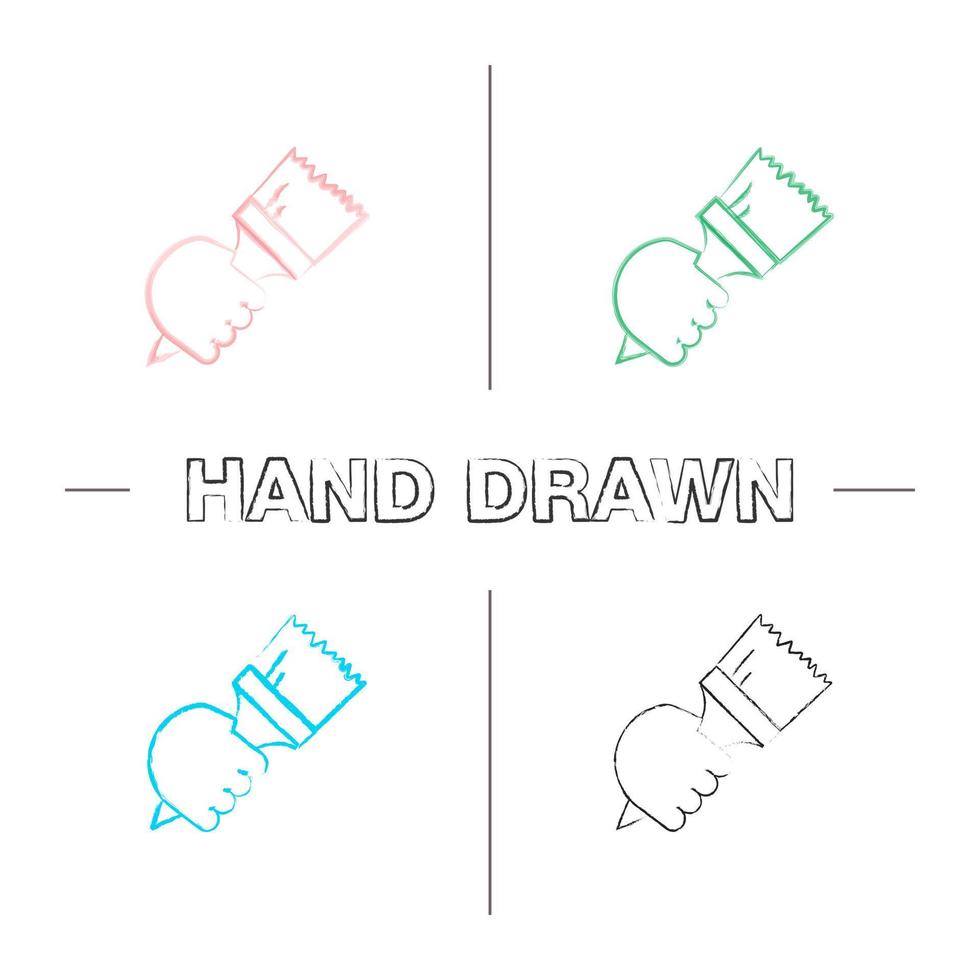 Hand holding paint brush hand drawn icons set. Painter's hand. Interior design. Painting, dyeing. Color brush stroke. Isolated vector sketchy illustrations