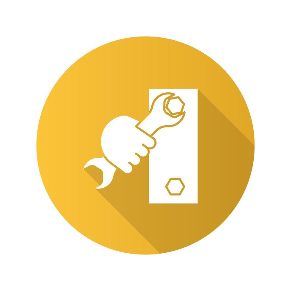 Hand holding wrench flat linear long shadow icon. Double open ended spanner turning bolt. Vector outline symbol