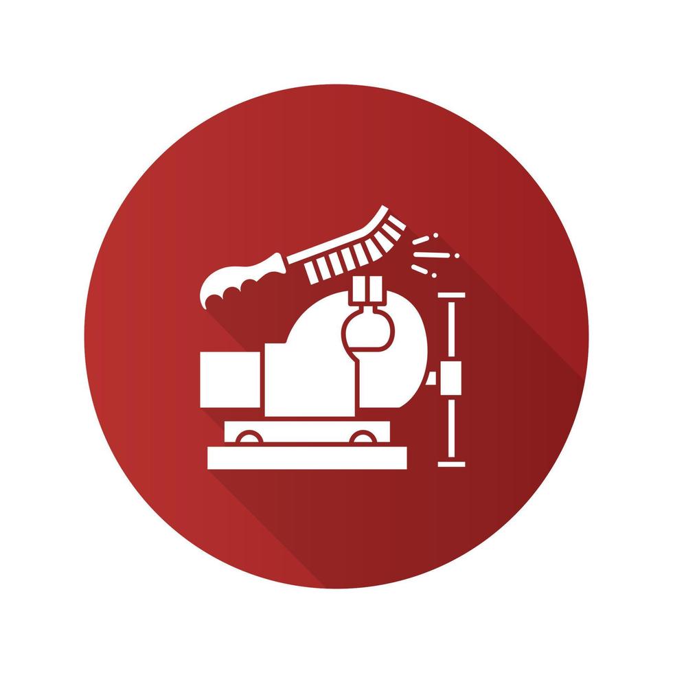 Bench vice cleaning with wire brush flat linear long shadow icon. Leg vice. Vector outline symbol