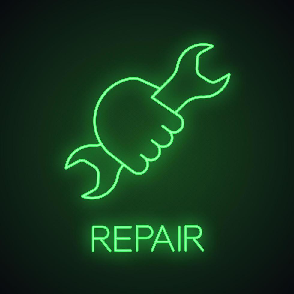 Hand holding wrench neon light icon. Double open ended spanner. Workshop glowing sign. Vector isolated illustration