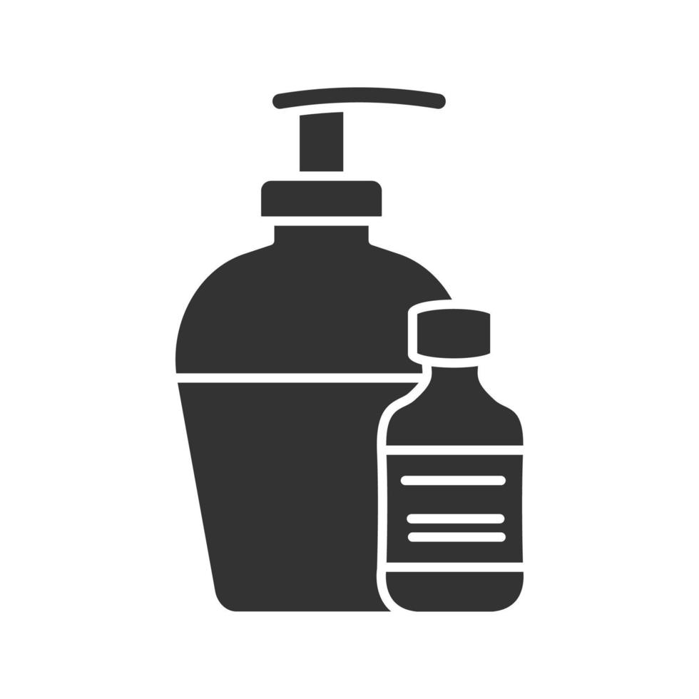 Antibacterial liquid and soap glyph icon. Silhouette symbol. Tattoo aftercare. Negative space. Vector isolated illustration
