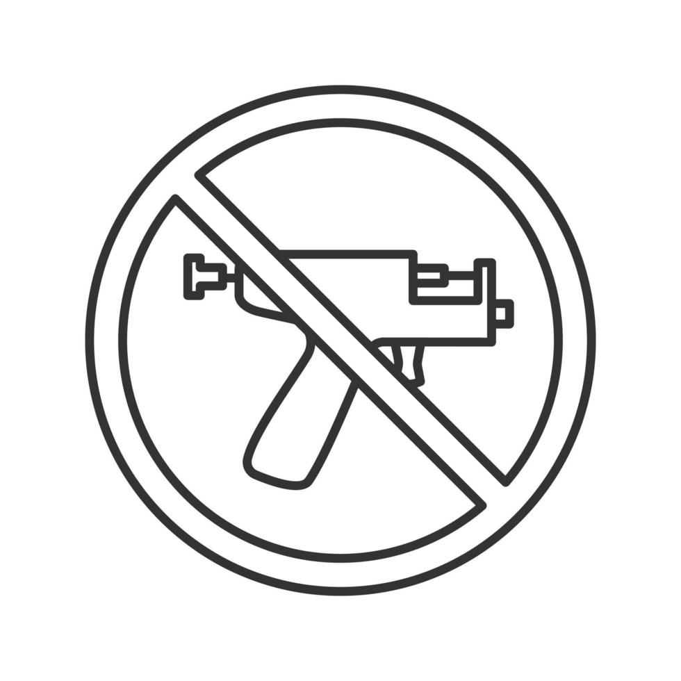 Forbidden sign with piercing gun linear icon. Thin line illustration. No ear piercing instruments prohibition. Contour symbol. Vector isolated outline drawing